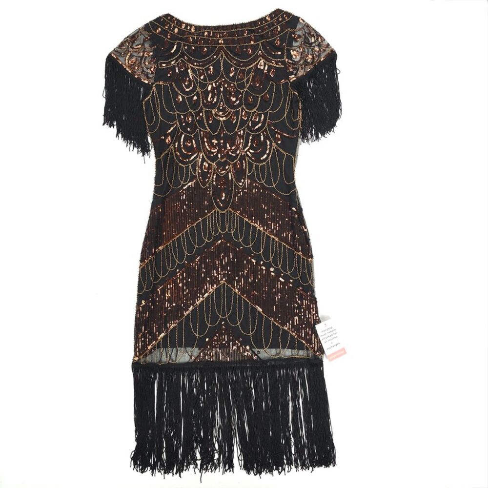 NWT Unique Vintage 1920s Black & Bronze Sequin Sleeved Laure Flapper Dress